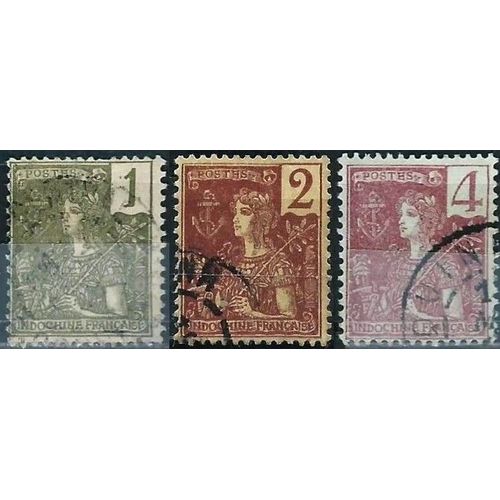 Indochine (Actuel Vietnam), Colonie Française 1904 / 1906, Beaux Timbres Type Grasset, 1c. Olive Foncé, 2c. Lilas Brun Sur Paille Et 4c. Lilas Brun Sur Gris, Oblitérés, Tbe.