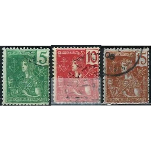 Indochine (Actuel Vietnam), Colonie Française 1904 / 1906, Beaux Timbres Type Grasset Yvert 27 28 29, 5c. Vert, 10c. Rouge Et 15c. Brun Sur Azuré, Oblitérés, Tbe.