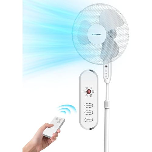 Ventilateur sur Pied Silencieux avec télécommande, 3 pales de 40 cm de diamètre, 3 Vitesses, minuterie de 7 Heures,Oscillation de 90°, Fonction mémoire d'arrêt, Hauteur réglable 110-130 cm