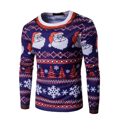 Hommes Noël Impression T-Shirt À Manches Longues Col Rond Pullover Chemises (Xl Ct291)