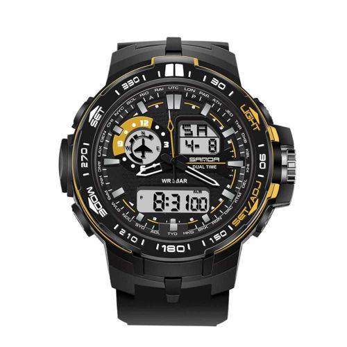 Sanda Hommes Multifonctionnel Sport Étanche Veilleuse Calendrier Montre-Bracelet Numérique (Noir + Or)