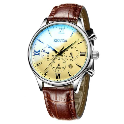 Étanche Hommes Affaires Casual Pu Strap Calendrier Montre Quartz Analogique Montre-Bracelet (Blanc + Marron)