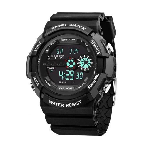Sanda Adolescent Hommes Sport Montre Étanche Veilleuse Calendrier Montre-Bracelet Numérique (Noir)