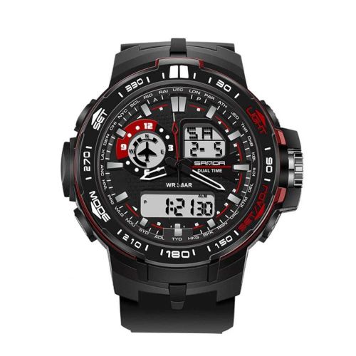 Sanda Hommes Multifonctionnel Sport Étanche Veilleuse Calendrier Montre-Bracelet Numérique (Noir + Rouge)