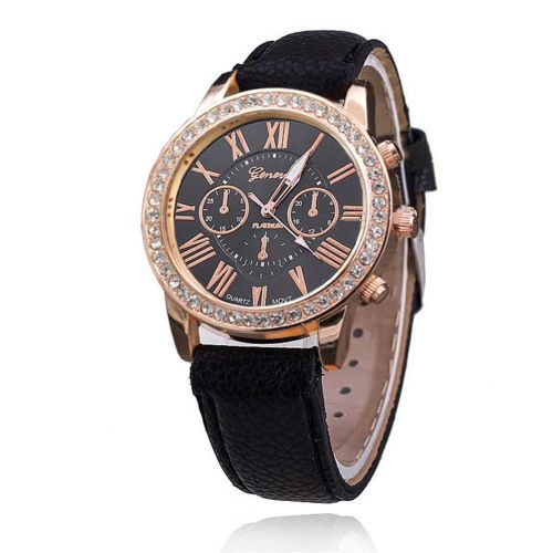 Femmes Luxe Strass Analogique Date Chiffre Romain Quartz Montre-Bracelet (Noir)
