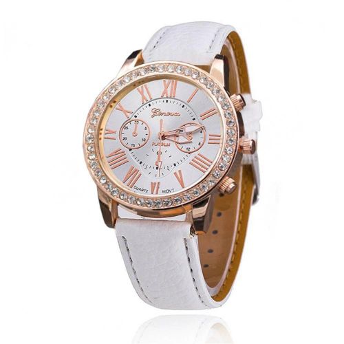 Femmes Luxe Strass Analogique Date Chiffre Romain Quartz Montre-Bracelet (Blanc)