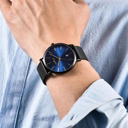 Montre Étanche À La Mode Pour Hommes Cadran Rond Montre-Bracelet À Quartz À Affichage Analogique (Noir + Bleu)
