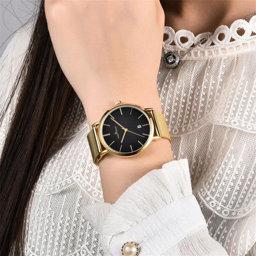 Montre Étanche En Alliage À La Mode Cadran Rond Montre-Bracelet À Quartz Analogique (Or Noir Femme)