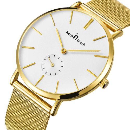 Couple De Mode Étanche En Acier Bande De Quartz Montre (Boîtier Doré Cadran Blanc Ceinture Dorée Pour Les Femmes)