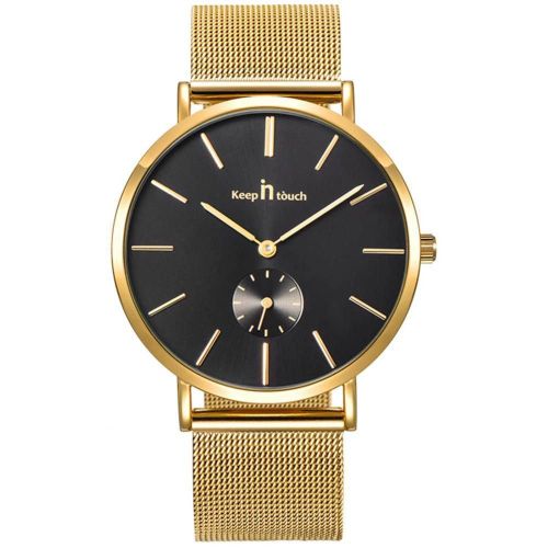 Mode Ultrathin Femmes Étanche Bande D'acier Montre À Quartz (Boîtier Or Cadran Noir Ceinture Dorée)