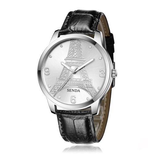 Sendas Tour Eiffel Casual Couple Montre À Quartz (Boîtier Argenté Cadran Blanc Ceinture Noire Pour Femmes)