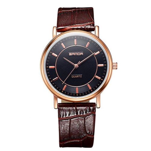 Sendas Pu Cuir Couple Étudiants Montre À Quartz (Ceinture Café Or Rose Boîtier Noir Cadran Homme)