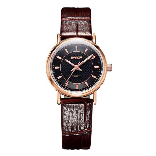 Sendas Pu Cuir Couple Étudiants Montre À Quartz (Ceinture Café Or Rose Boîtier Noir Cadran Femmes)