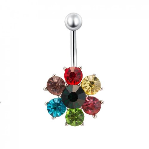 Fleur Chromatique Ventre Nombril Bague Zircon Acier Inoxydable Corps Piercing Bijoux (Bleu Clair)