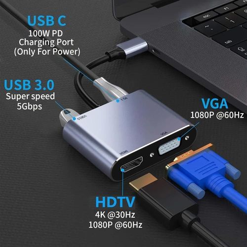 Adaptateur USB C vers HDTV VGA,concentrateur adaptateur USB-C vers HDTV 4 en 1 compatible avec MacBook Pro/Air/ipad Pro,Dell,XPS,pour Samsung Galaxy S20/S10,autre appareil de type C