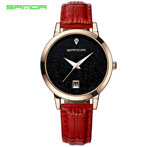 Sanda Mode Star Cadran Femmes Montres Luxe Cuir Doré Dames Robe Montre (Rouge)