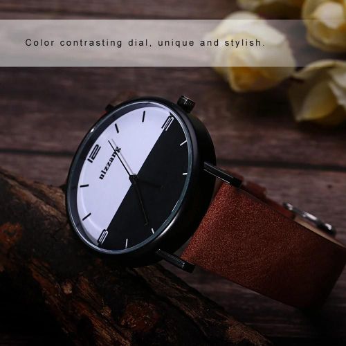 Ulzzang Quartz Analogique Rond Montre-Bracelet Pu Bracelet (Bracelet Café Cadran Noir Blanc)