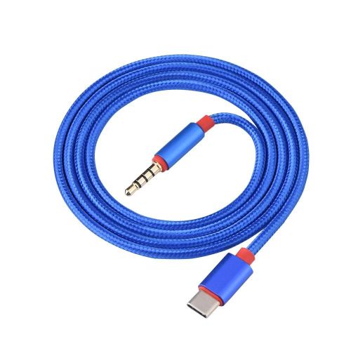 2PCS 1m Nylon Type C Mâle À 3.5mm Mâle Écouteur Audio AUX Câble de connexion pour voiture Bleu