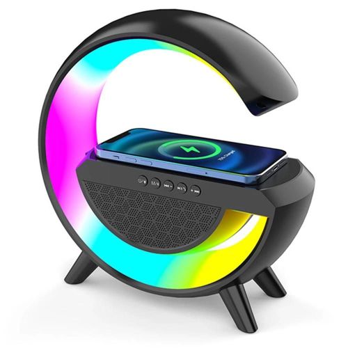 Veilleuse Haut-parleur en forme de G avec chargeur sans fil Stéréo Surround Bass Boîte à musique pour salon Noir