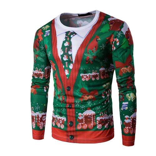 Hommes Noël Impression T-Shirt À Manches Longues Col Rond Pullover Chemises (Xxl Ct293)