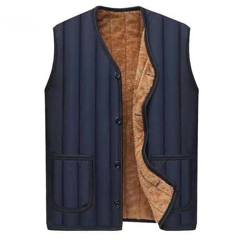 Gilet Thermique Doublé De Polaire Vêtements D'extérieur Pour Hommes Gilet Épaissi De Couleur Unie Gilet En Peluche Pour Hommes D'âge Moyen Bleu Marine,Xl