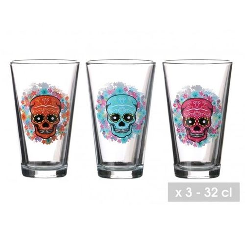 3 Verres À Eau Ou Cocktail Calavera Tête De Mort Mexicaine 32 Cl