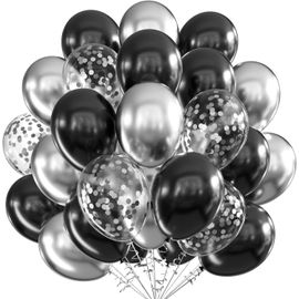 SHIBA-Ballons Noir Argent Set, Ballons Anniversaire, 60 Pièces 12 pouces Ballons de Baudruche, Noir Argent Latex Ballons Helium Ba[1