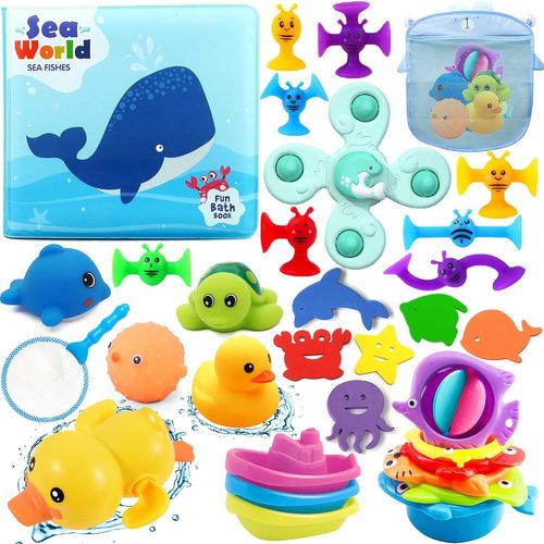 SHIBA-Jouets de Bain Bébés, 32 Pièces Jouet de Bain Set avec Canard en Caoutchouc, Tortue, Dauphin, Bateaux en Plastique etc, Anim[5