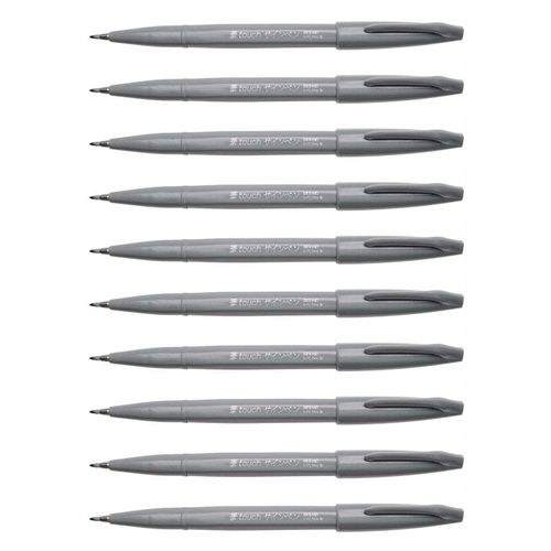 Pentel Lot De 10 Stylos Feutre Brush Sign Pen Ses15 Pointe Pinceau Flexible Gris