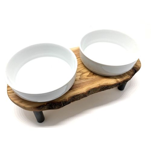 Station D'Alimentation Rusty Plus (2 Récipients En Porcelaine De 0,9 Litre) « Surélevée » Pour Nourriture & Eau, En Bois D'Olivier