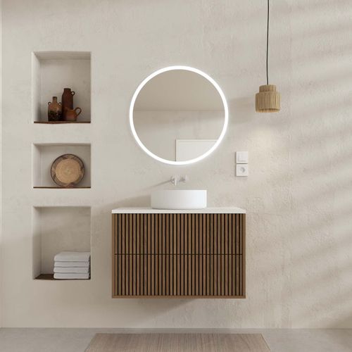 Meuble Salle De Bains 60 2 Tiroirs Décor Chêne Et Noir - Vasque Et Plan Blancs - Miroir Led Ø60