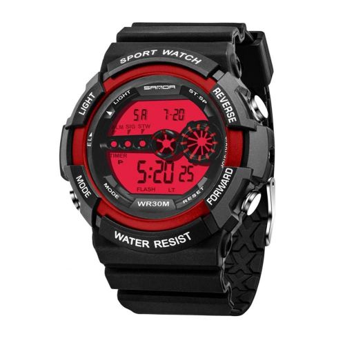 Sanda Adolescent Hommes Montre De Sport Veilleuse Étanche Calendrier Montre-Bracelet Numérique (Noir + Rouge)
