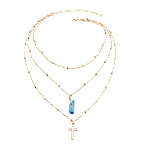 Mode Femmes Multi Layer Collier Cristal Croix Décoration Pendentif Chaîne Bijoux (Bleu)