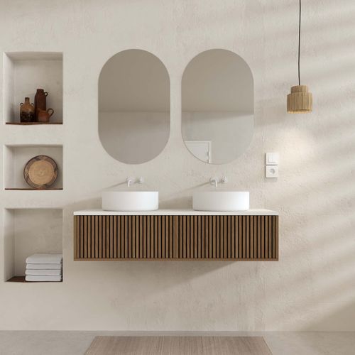 Meuble Salle De Bains 120 2 Tiroirs Décor Chêne Et Noir - Vasques Et Plan Blancs - Miroirs Ovales