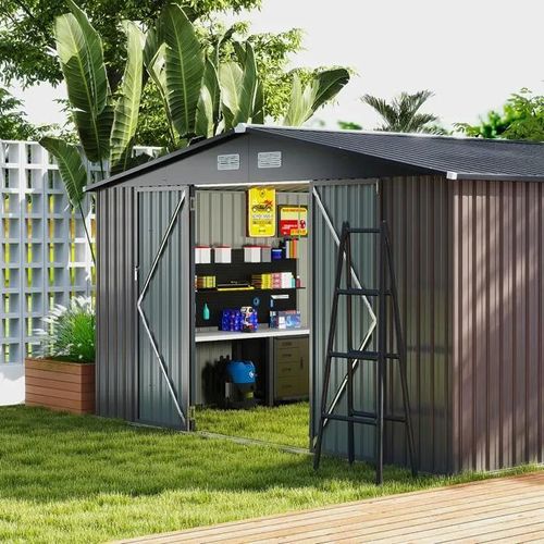 Costway Abri De Jardin Métal 12 M², Toit Double Pente, 2 Portes Verrouillables Avec Clé, 4 Aérations Pour Vélo, Poubelle, Outil
