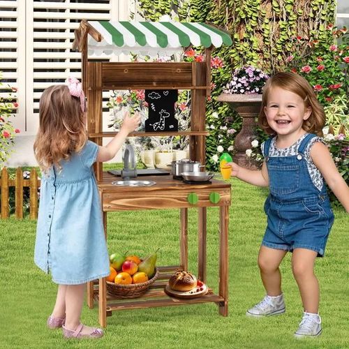Costway Cuisine Pour Enfant 3 Ans+ Avec 6 Accessoires, Auvent, Tableau Noir, Évier Et Robinet Jouet Extérieure