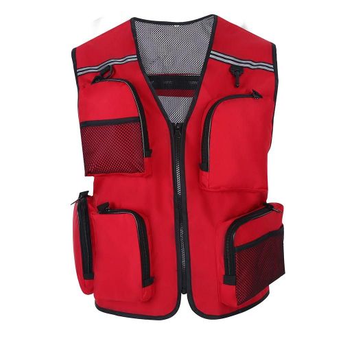 Hommes En Plein Air Utilitaire Plusieurs Poches Maille Veste Gilet Pour La Chasse À La Pêche (Rouge-Xxl)