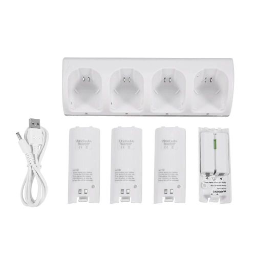 Station D'accueil De Charge + 4 Batteries 2800mah Pour Télécommande Nintendo Wii Blanc