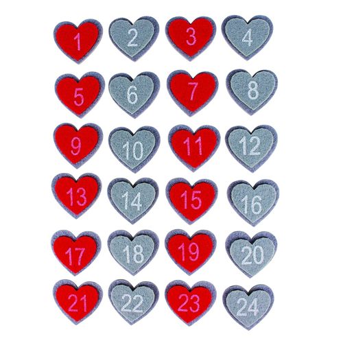 Stickers Adhésifs C?Urs Numérotés De 1 À 24 - Feutrine Rouge Et Gris - De 4 X 4,5 Cm