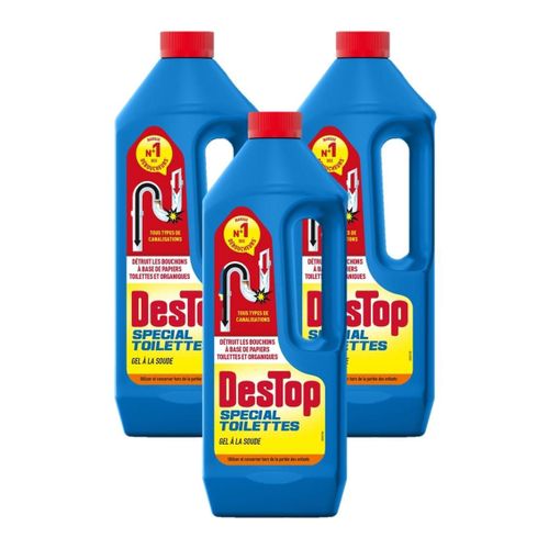 DESTOP Lot de 3 Gels Déboucheur spécial toilettes - détruit les bouchons des WC - avec javel - 1L