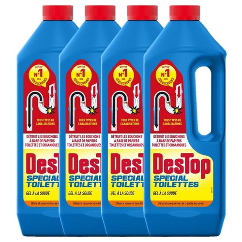 DESTOP Lot de 4 Gels Déboucheur spécial toilettes - détruit les bouchons des WC - avec javel - 1L