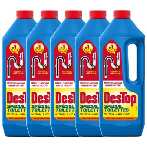DESTOP Lot de 5 Gels Déboucheur spécial toilettes - détruit les bouchons des WC - avec javel - 1L