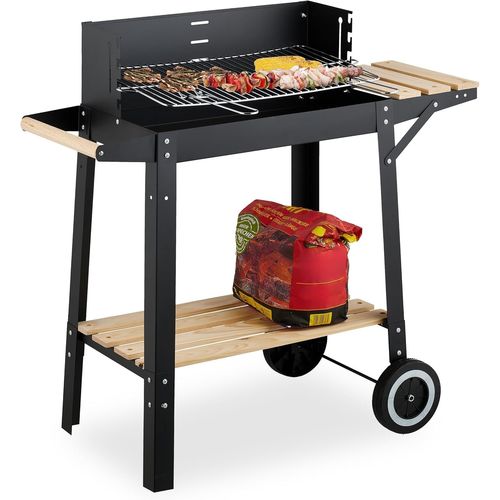 Barbecue à Charbon avec Roues, Grille réglable avec paravent, 2 étagères, HLP 80,5 x 86 x 42 cm, Acier, Bois, Plastique