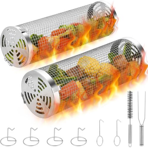 Panier à Griller Roulant, 2 Paniers de Barbecue Ronds en Acier Inoxydable avec Support, Brosse de Nettoyage, Tube de Filet de Barbecue de Camping en Plein Air Portable pour la Viande