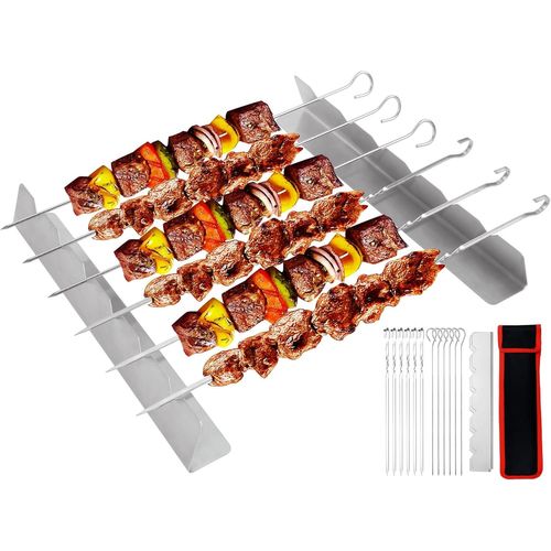 Set de Brochettes de Barbecue en Acier Inoxydable avec Support, 12 Brochettes + 1 Cadre, Accessoires Universels de Brochettes BBQ pour Grills à Gaz et Grills au Charbon de Bois