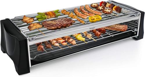 Barbecue Electrique de Table, BBQ Electrique Sans Fumée avec Espace Barbecue à Deux étages, Bac Collecteur, Thermostat Réglable, 2200 W, Noir