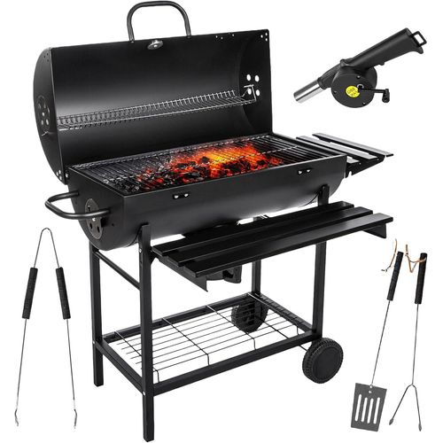 Barbecue à Charbon de Bois - Grande Grille Chromée 71×35 cm, Barbecue avec Couvercle, Tiroir à Cendres, Thermomètre, Roues de Transport, BBQ Charbon XXL, GC0002