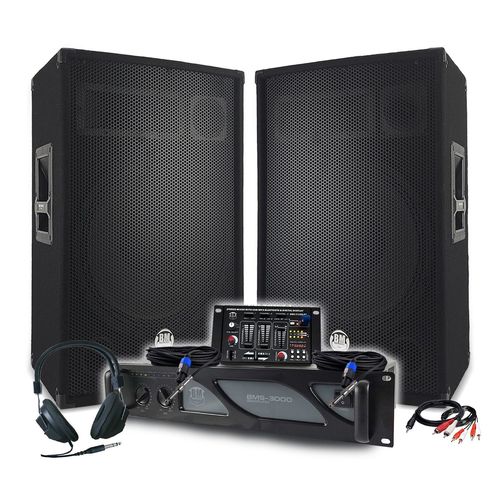 Pack Sono DJ BM SONIC Amplificateur 3000W, Paire d'Enceintes Passives 2x700W, Table de Mixage, Casque DJ, Câbles et Micro