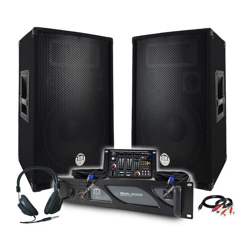 Pack Sono DJ BM SONIC Amplificateur 2000W, Paire d'Enceintes Passives 2x600W, Table de Mixage, Casque DJ, Câbles et Micro