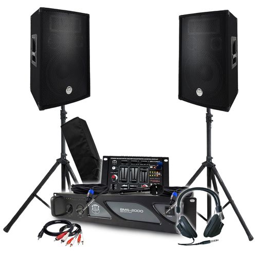 Pack Sono BM SONIC Amplificateur 2000W, Paire d'Enceintes Passives 2x700W, Table de Mixage, Pieds, Casque DJ, Câbles et Micro